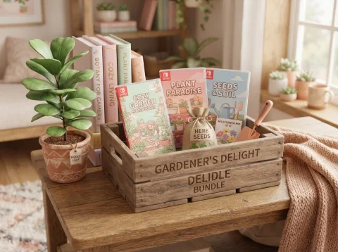 Caixote com plantas, livros e objetos decorativos