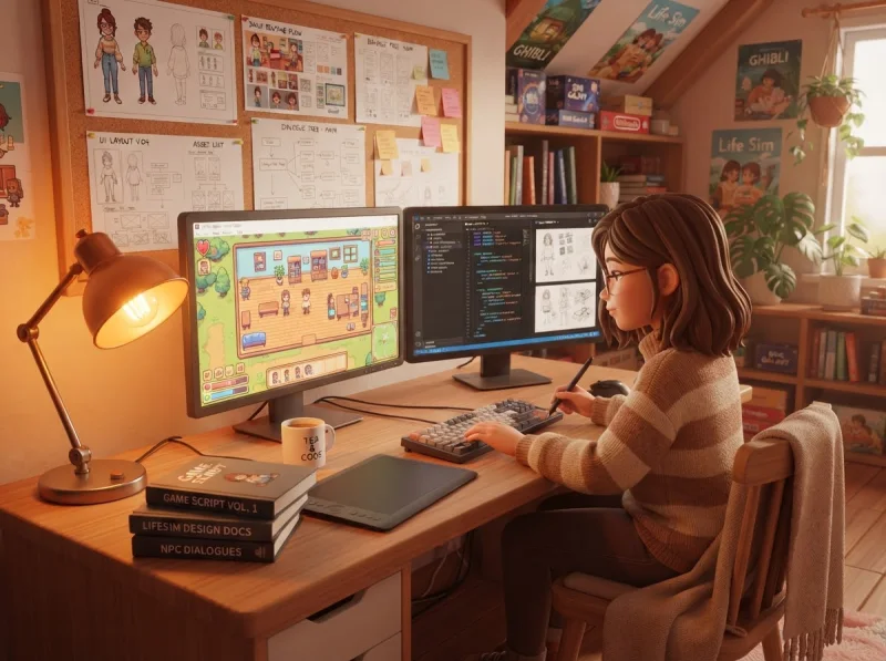 Cantinho de criação com computador e estante