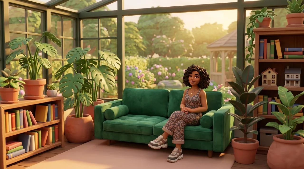 Cena ilustrada de uma personagem em uma sala ensolarada, com sofá verde, plantas e vista para o jardim